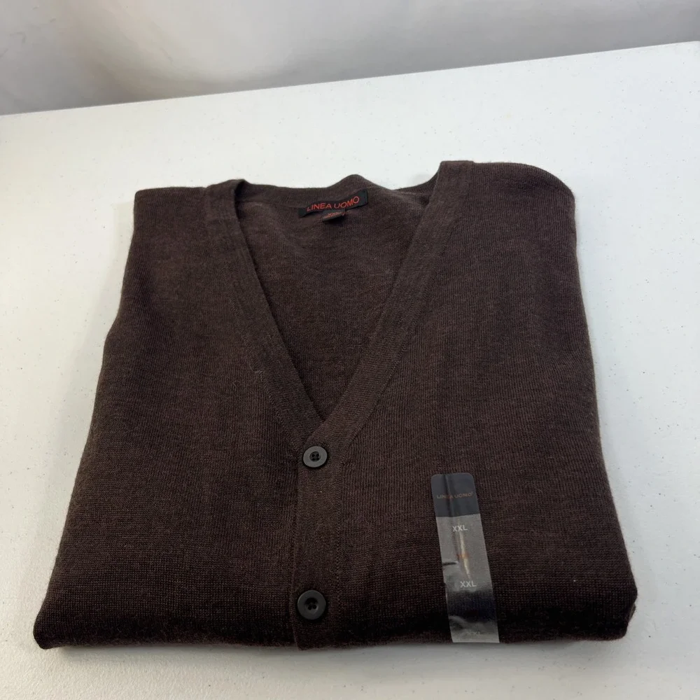 NWOT Linea‎ Uomo Brown Lightweight Wool Blend Preppy Cardigan Size 2XL